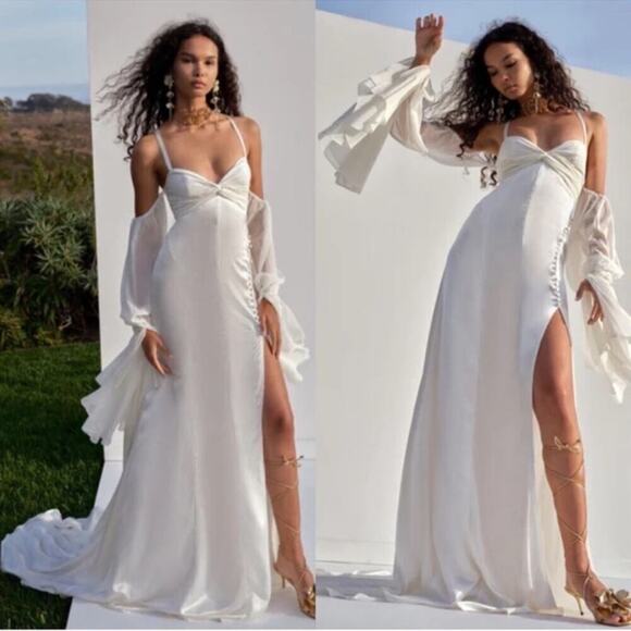 For Love & Lemons Esme Puff Sleeve Bridal White Maxi Gown Size Large - Picture 2 of 12